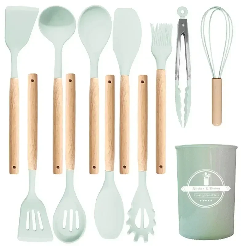 Premium 12-Piece Silicone Cooking Utensil Set with Wooden Handles and Holder – Heat-Resistant Kitchen Essentials