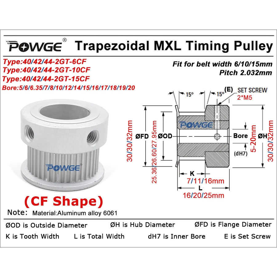 Trapezoidal 40 42 44 teeth MXL Timing Pulley Bore 5/6/6.35/7/8/10/12/14/15/16/19/20mm for belt width 6/10/15mm 40T 42T 44T