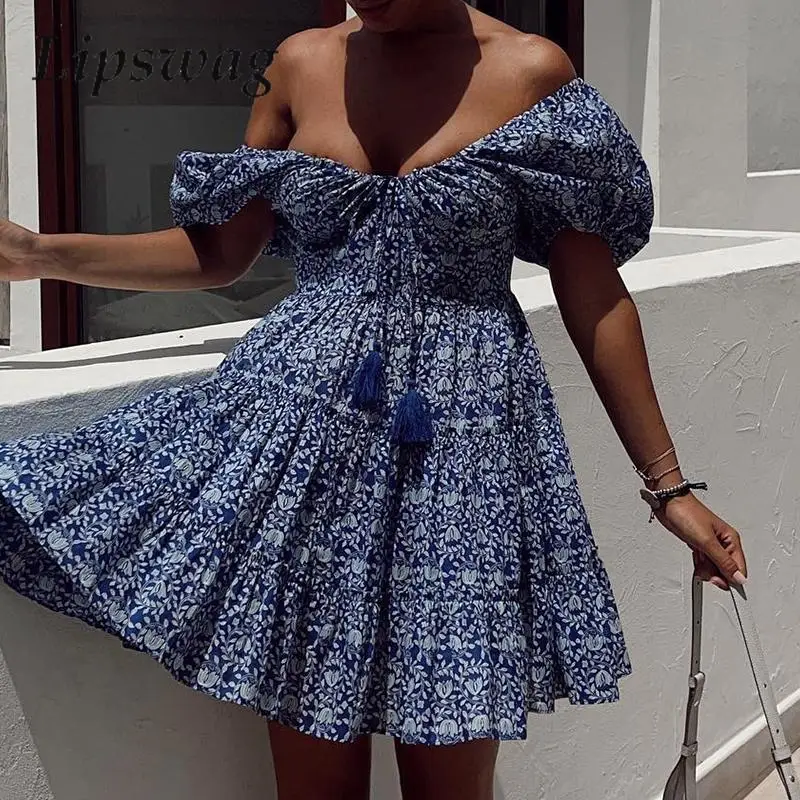 

Casual Tie-up Tassel Off Shoulder Pleat A-Line Dress Fashion Floral Print Lady Party Dress Women Elegant Puff Sleeve Mini Dress