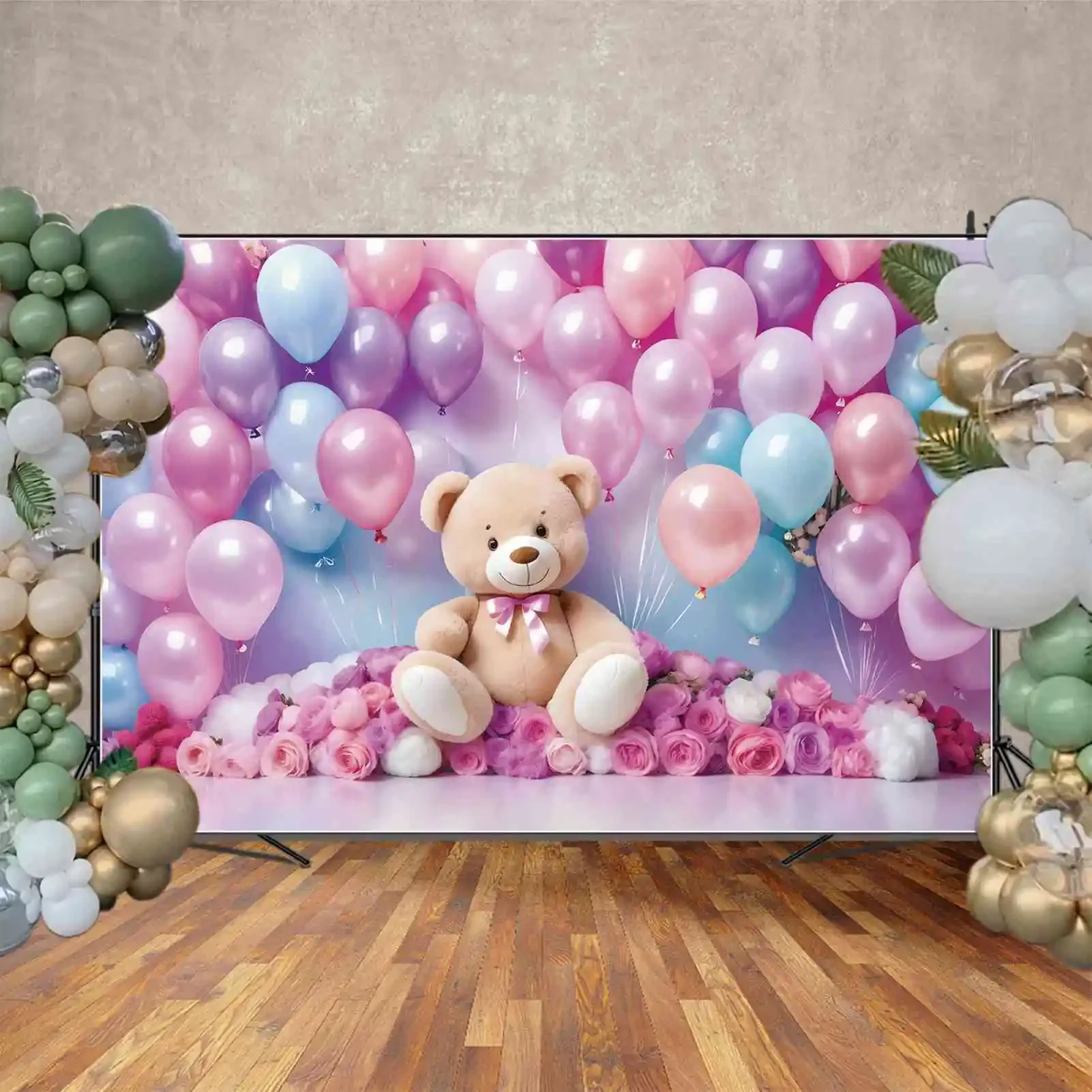 MOON.QG Teddy Bear Balloons First Birthday 1Year Backdrop Oh Baby Shower  Party Background Pink Flower Shooting Photography Props - AliExpress, image size:1601x1601