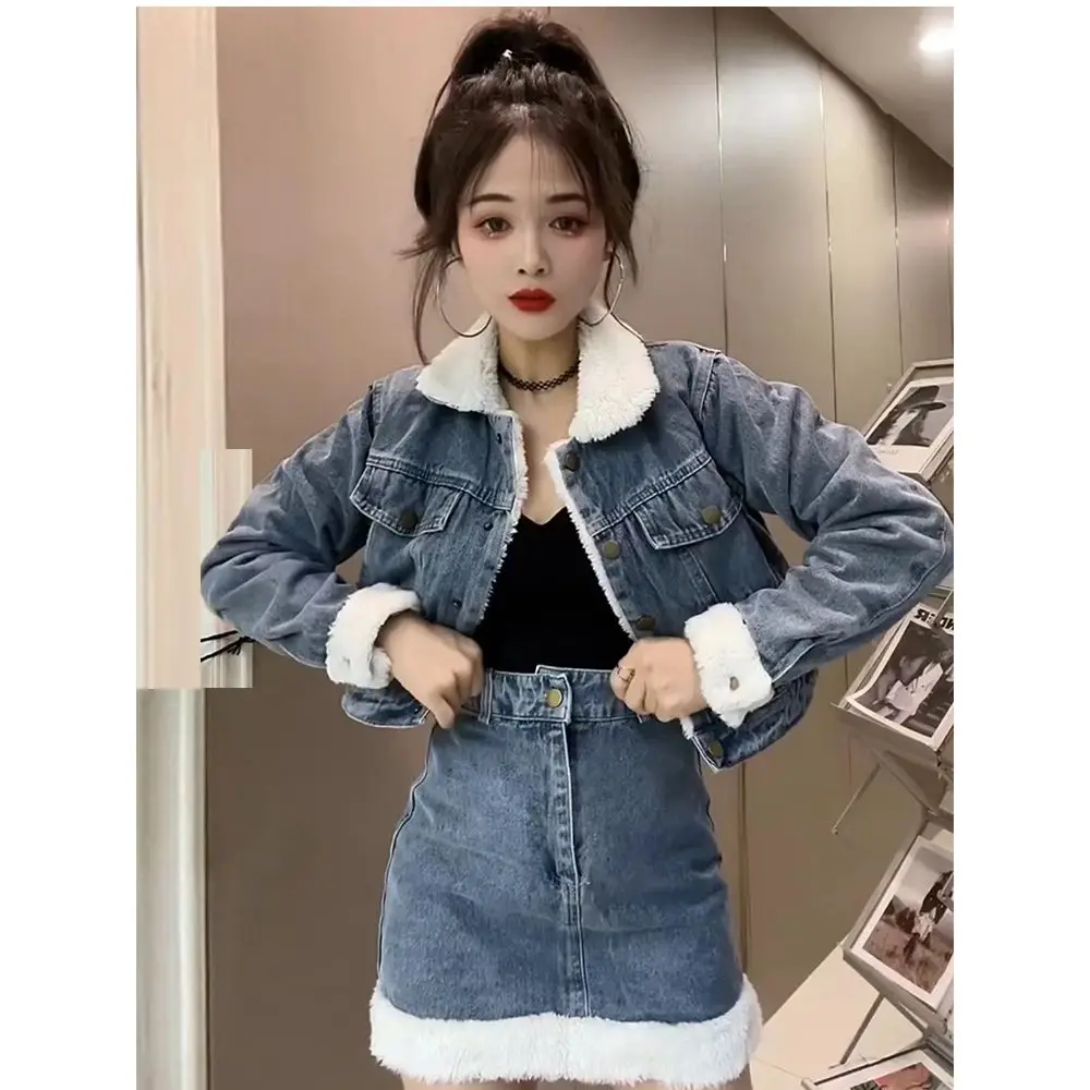 Spicy Girl Style Chic Denim Skirt Set Women's 2023 Autumn/Winter New Lamb Wool Coat High Waist Half Skirt Two Piece Set