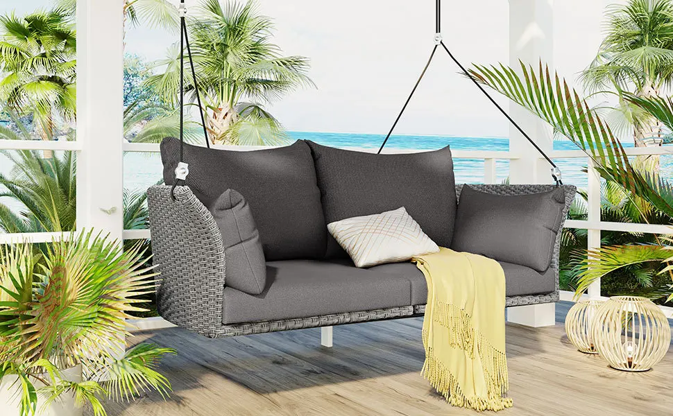 Gray Wicker Hanging Swing Chair with Cushion for 2-Person 2