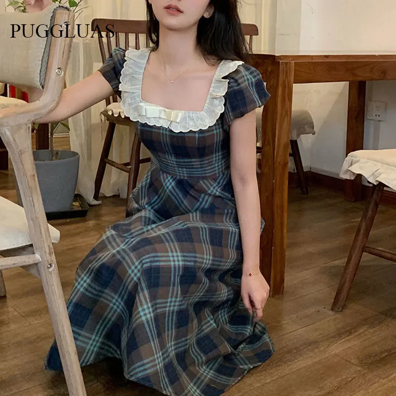 

Retro Plaid Dress For Women Elegant Square Collar Lace Short Puff Sleeve Midi A Line Dress Fashion Summer Linen Vestidos 2022