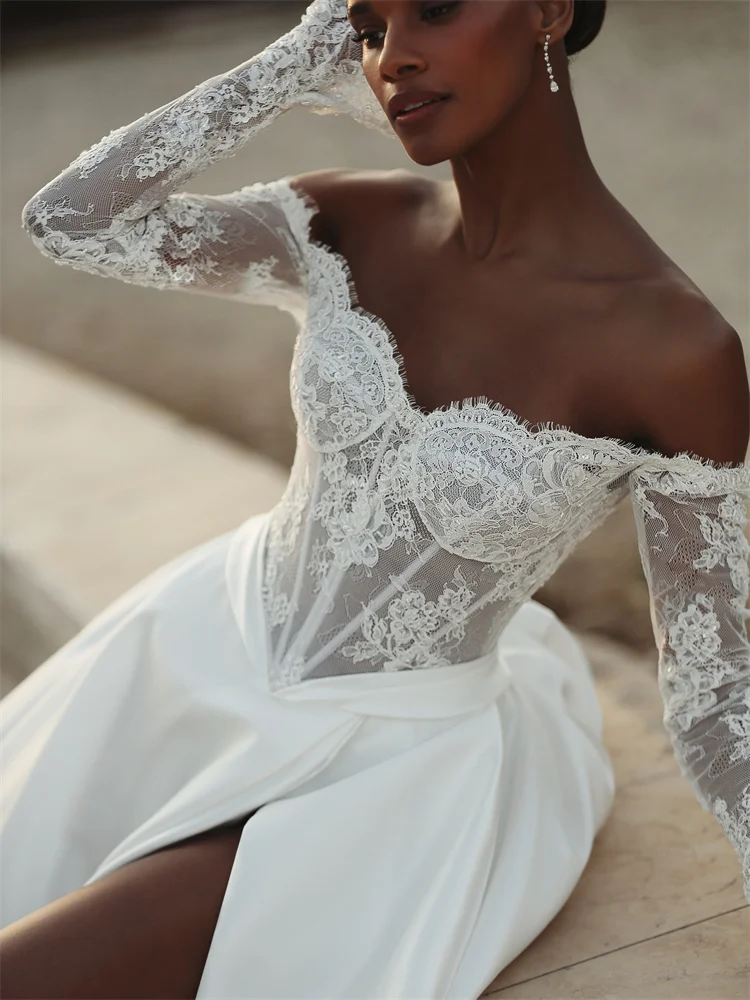 Customized Off Shoulder Neckline Long Sleeves Satin Wedding Dress Lace-up Back Floor Length High Slit Sweep Train Gown For Bride