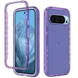 2-in-1 Rugged Armor Shockproof Phone Case with Transparent Gradient Soft TPU Back Cover for Pixel 9 (Purple)
