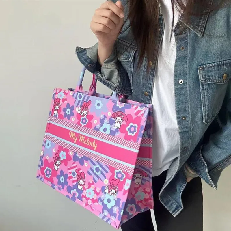 Sanrio Hello Kitty Y2k Large Capacity Handbag Felt Cartoon Scrawl Tote Bag Women Top-Handle Bags Kawaii Design Travel Tote