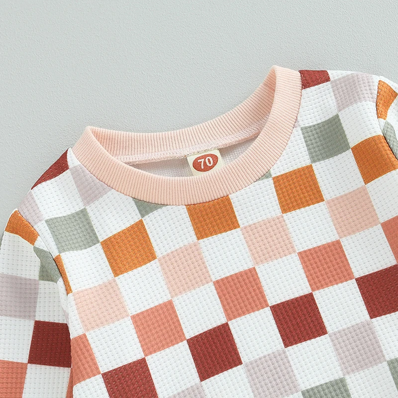 

Newborn Baby Girl Spring Fall Check Print Long Sleeve Round Neck Outfit Clothing Pullover Sweatshirt Pants Set