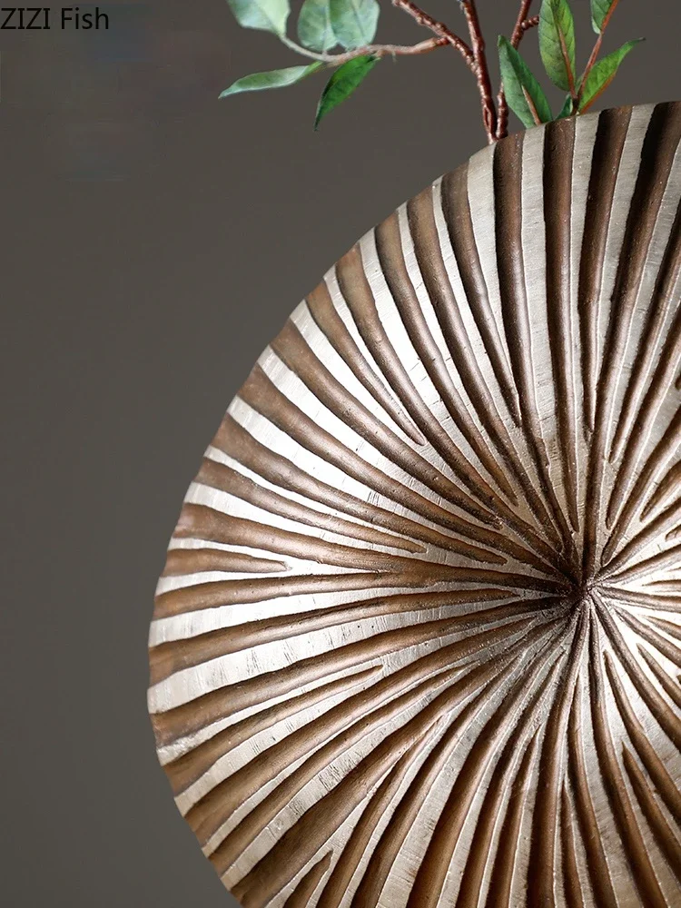 Resin Crafts Flower Arrangement Round Flower Vase Stripe Irregular Bumps Imitation Wood Texture Modern Home Decoration 4