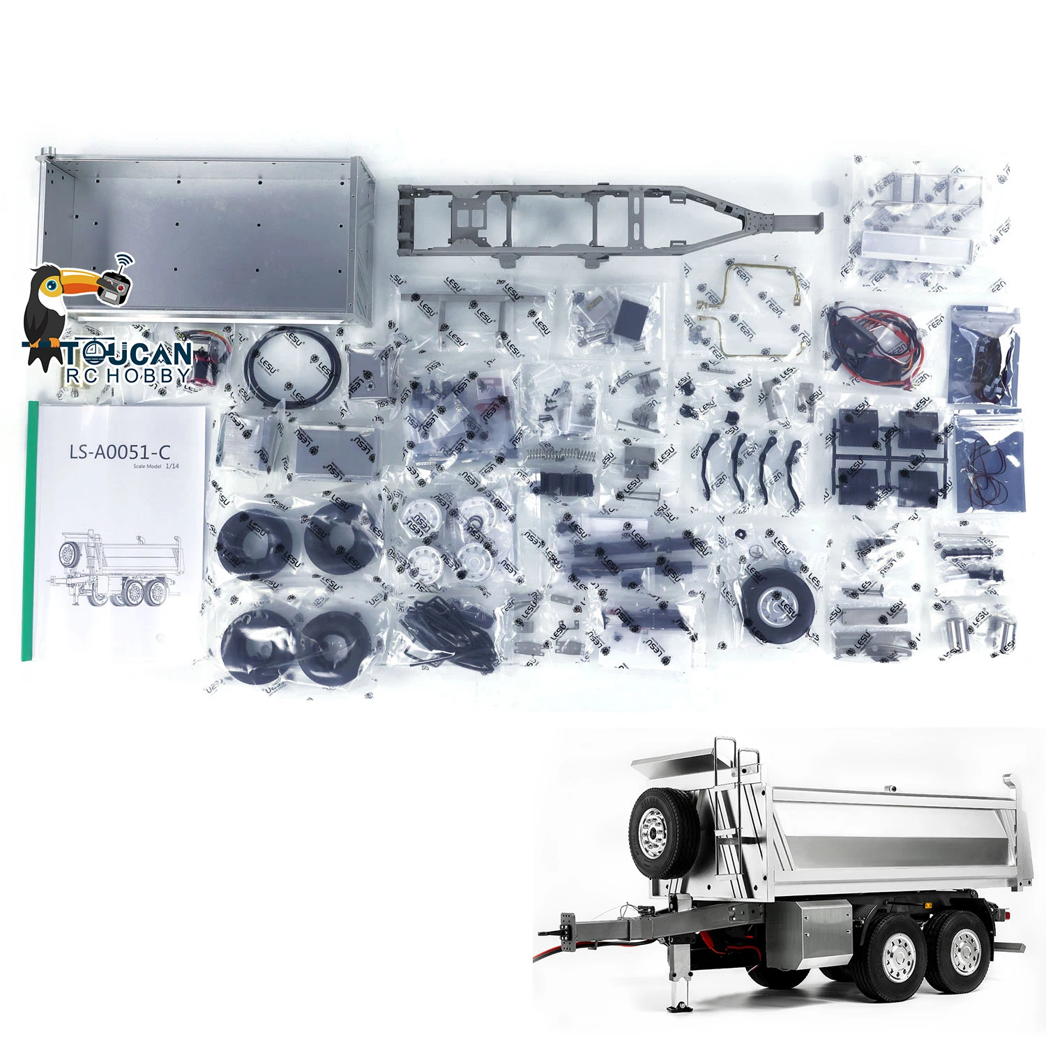 LESU 1/14 Self-dumping Full Trailer Metal 2 Axles Unpainted Trailers Model Parts For Remote Control Hydraulic Tractor Dump Truck 4