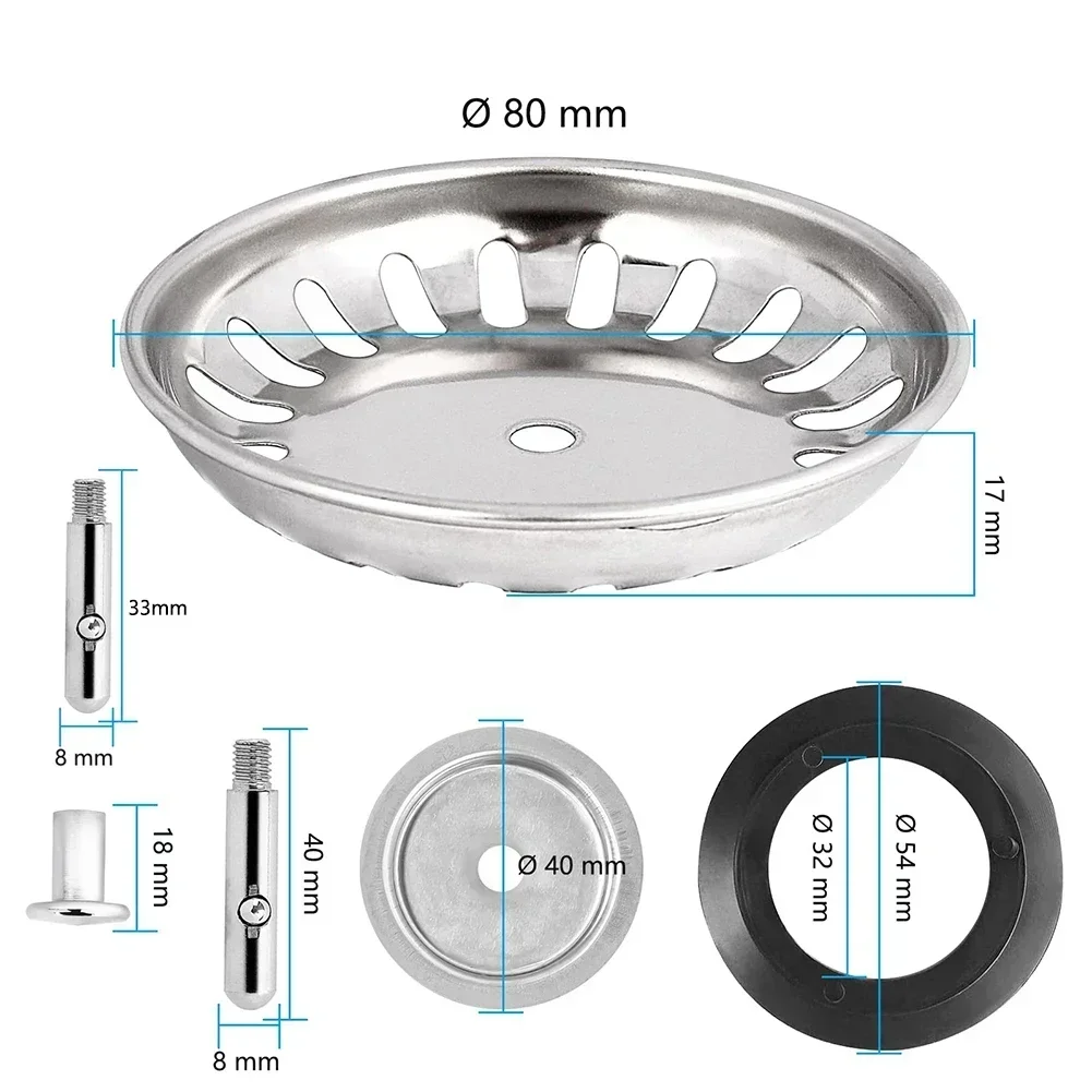 Kitchen Sink Strainer 1PC Waste Plug Premium Kitchen Sink Strainer Replacement Basin Drain Filter Stainless Steel 80mm/82mm/84mm Fixing Pin Accessory