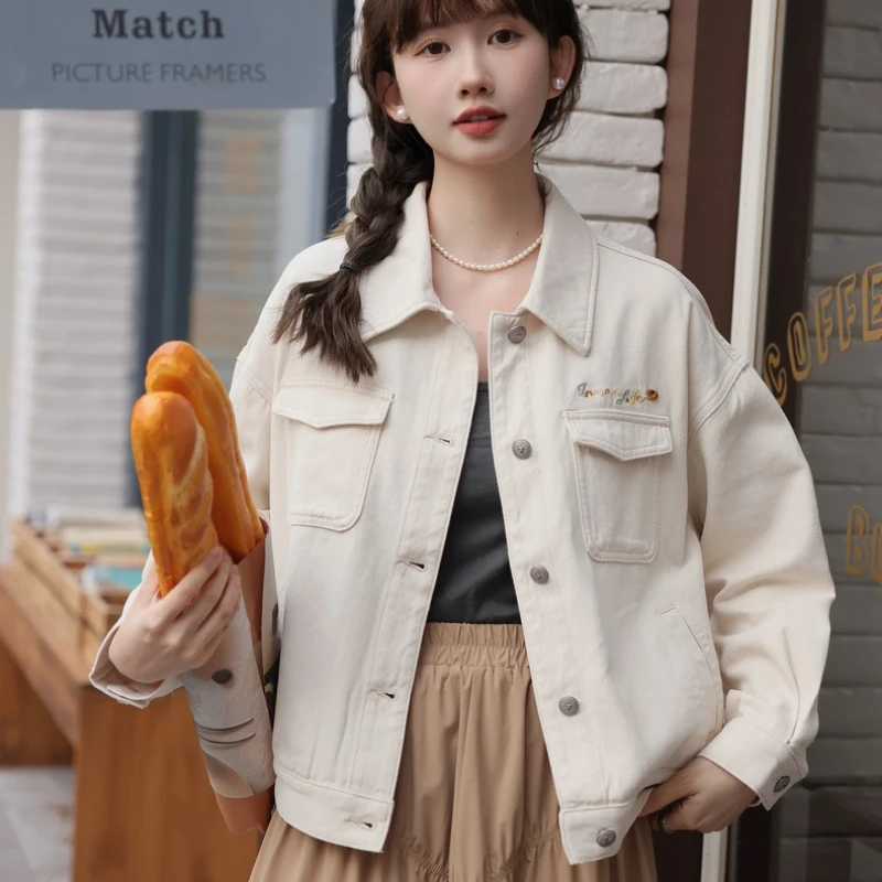 Embroidery Denim Short Jackets Women 2024 Spring New Loose Long Sleeve Single Breasted Korean Style Fashion Casual Coats Female