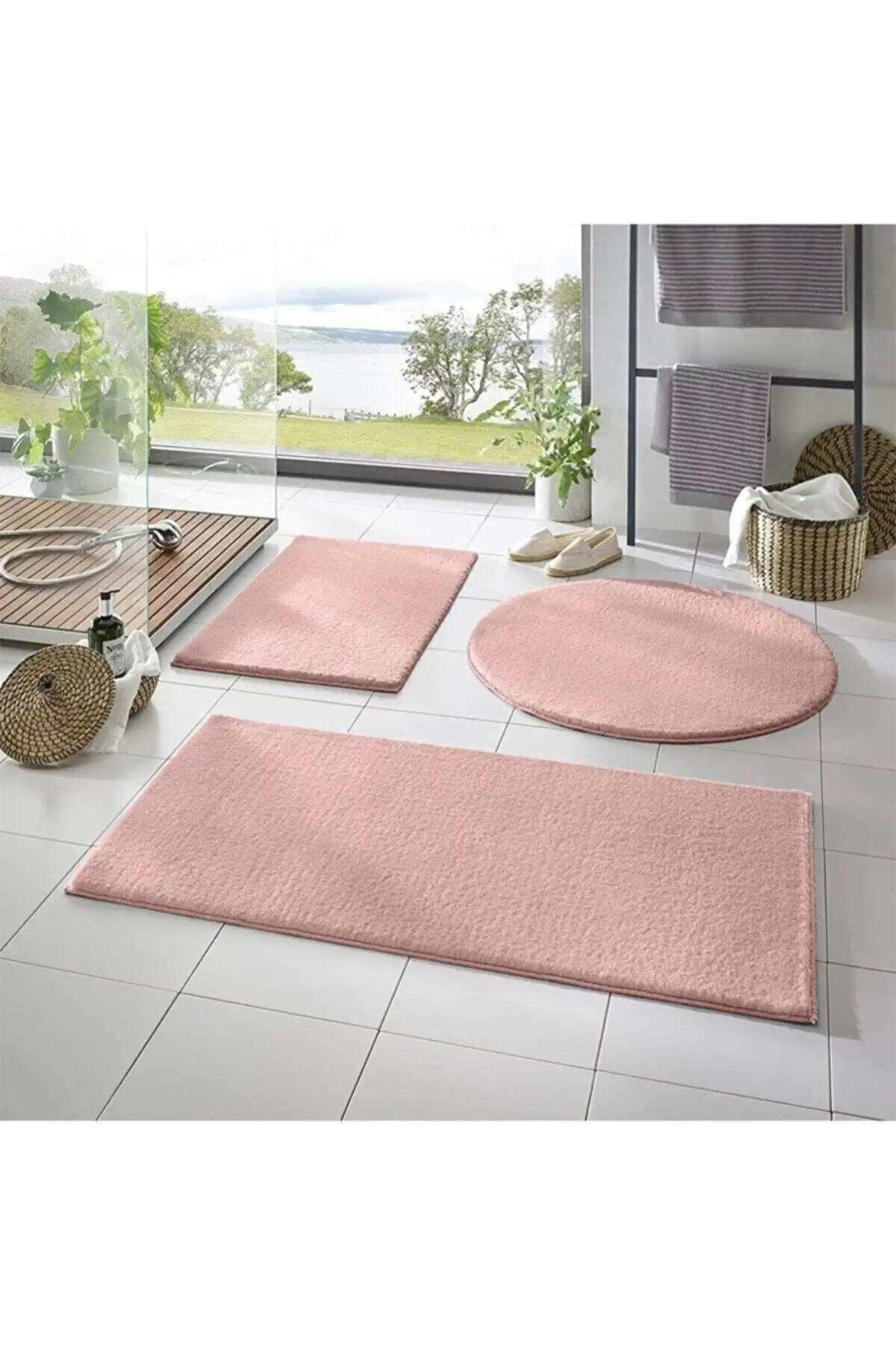 

Dinarsu 3 Bath Carpet Plush Post Carpet Toilet Set Powder-pink Polypropylene 70x100 Non-Slip Base Mat