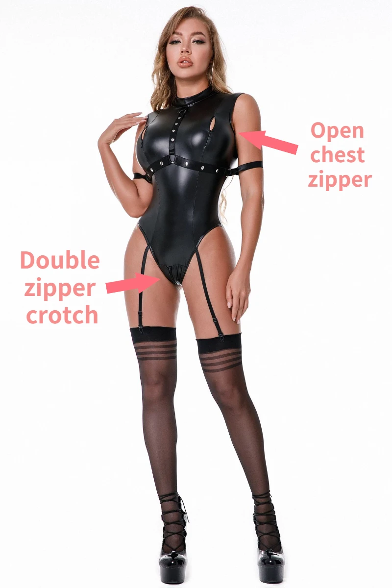 Women Underwear Sexy Lingerie Women Jumpsuit Sexy Female Bodysuit Shiny Faux Leather Leotards Body Shaper Corset Jumpsuit Stockings Bondage Lingerie High Elastic Garter Set