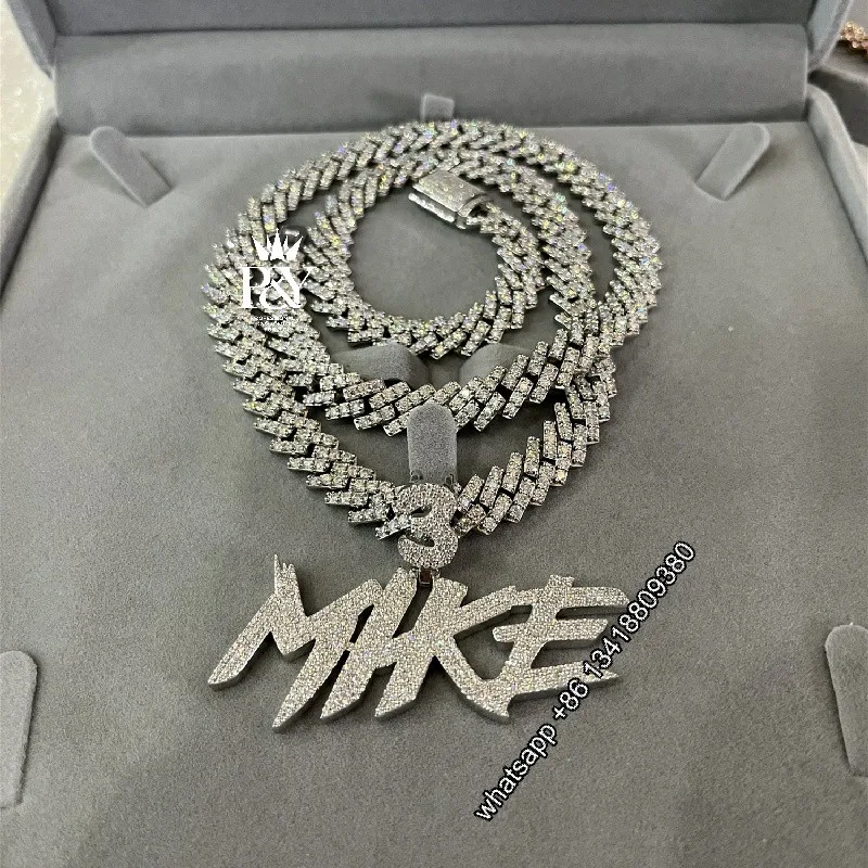 JEWE Custom Iced Out Vvs Moissanite Diamond Name Pendant With Cuban Link Chain 925 Sterling Silver Men Jewelry Hiphop Necklace