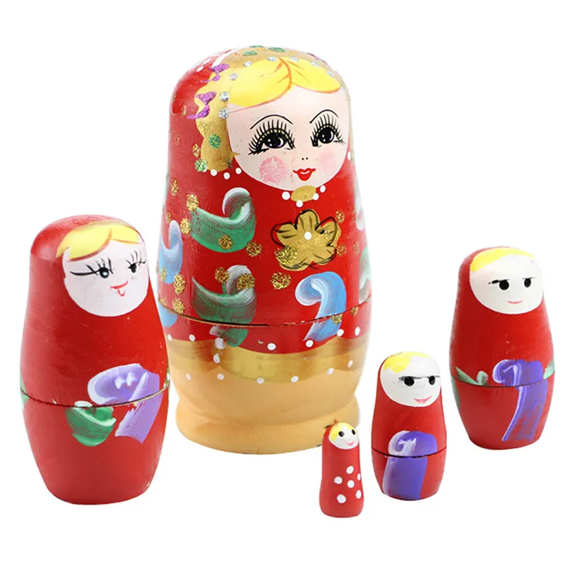 Set Of 5 Pcs Dolls Wooden Russian Nesting Babushka Matryoshka Hand Painted Gift