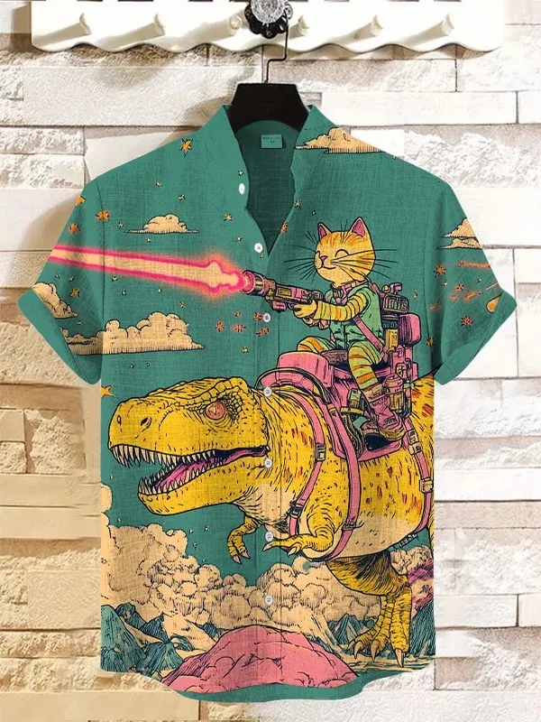 Men's Cat Graphics Shirts Short Sleeved Button Down Lapel Shirt For Summer Oversized Tops Vacation Casual Hawaiian Shirts