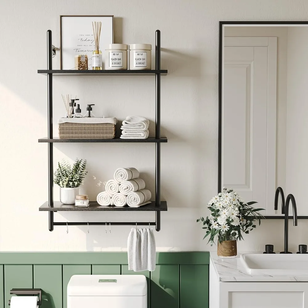 Floating Shelves for Wall, 23.6" Wall Mounted Kitchen Shelves with Towel Rack Over Toilet, Pipe Shelving Wall Decor