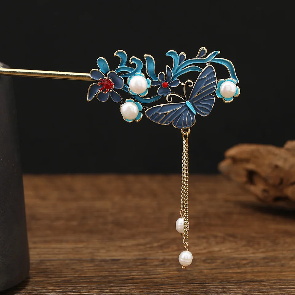 

Antique Water Pearl Burnt Blue Tassel Hairpin Retro Butterfly Step Shake Hairpin Antique Headwear Hairpin Design Accessories