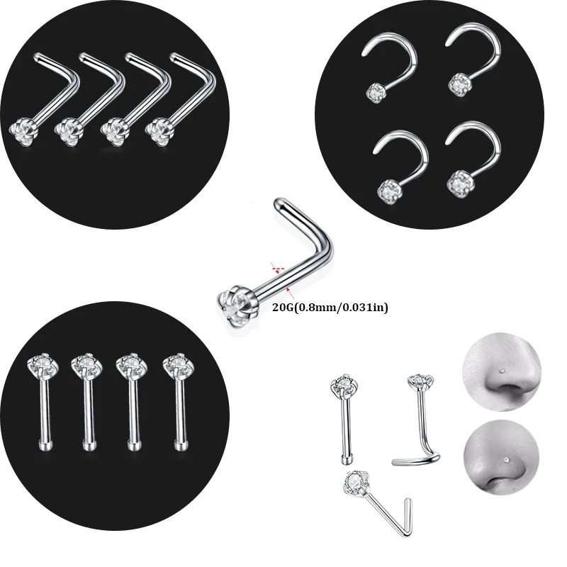 Cubic Zirconia Nose Studs I L Shaped Shiny Crystal Bone Nostril Piercing Jewelry 8pcs 1.5/2/2.5/3mm