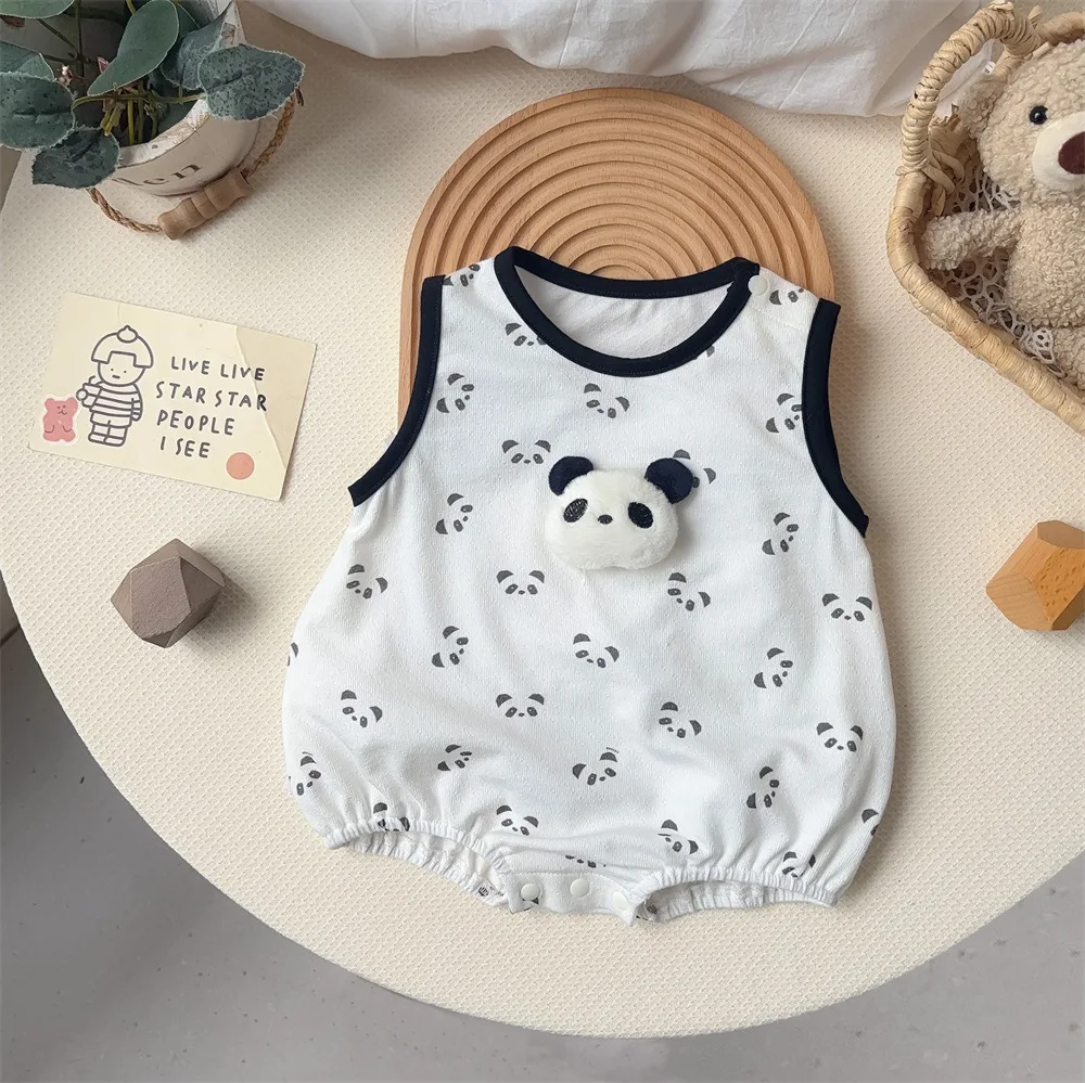 

Summer 2024 Korean Newborn Boys Bodysuit Black Edge Cartoon Panda Print Sleeveless Infant Boys Romper Cotton Baby Boys Parkas