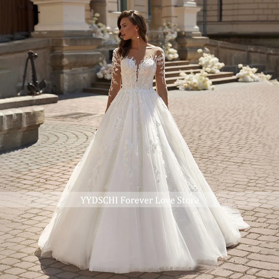 Elegante weiße/elfenbeinfarbene A-Linien-Brautkleider mit langen Ärmeln 2026, Spitzenapplikationen, O-Ausschnitt, Hofschleppe, Damen-Brautkleid, Vestido De Novia – Detail 3