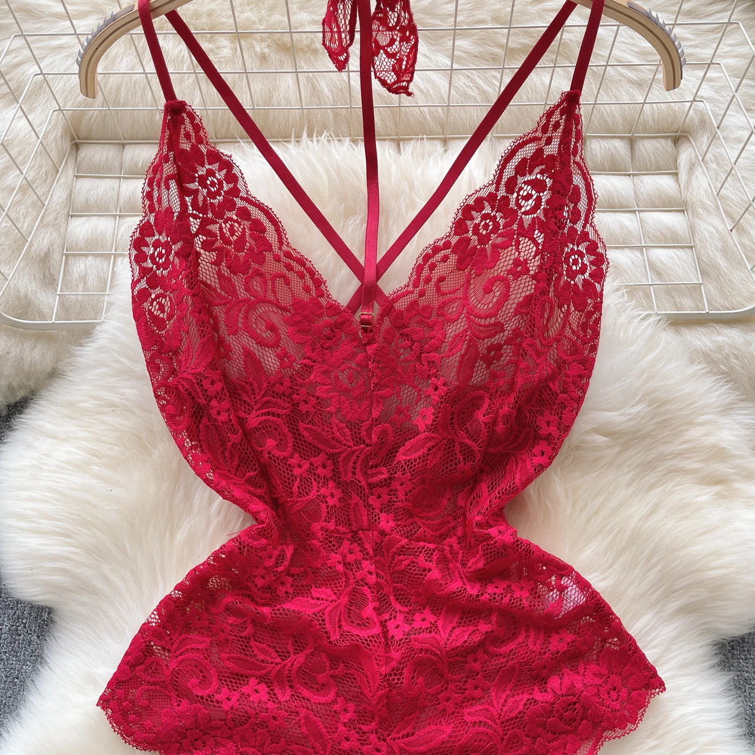 Sexy Lace Strap Jumpsuit Slim Fit Transparent Women's Pajamas Halter Playsuit Erotic Lingerie Catsuit Backless Hollowed Bodysuit