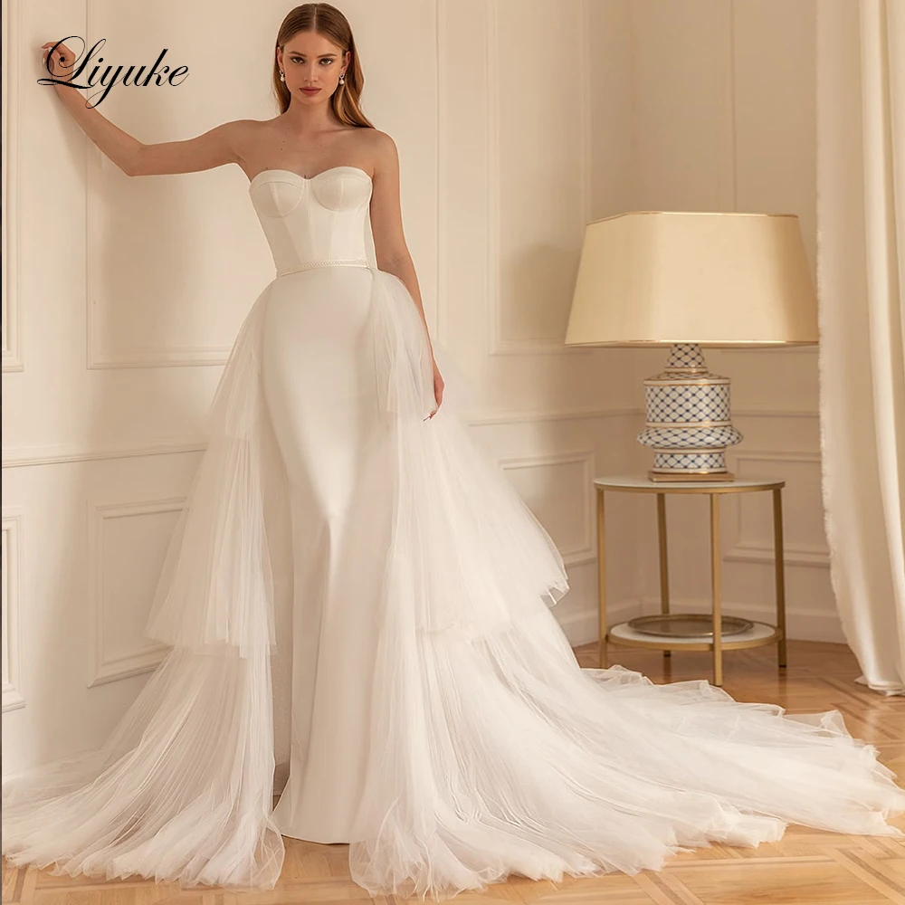 

Liyuke Chic Tiered Tulle Satin 2 In 1 Mermaid Bride Dress Off The Shoulder Sweetheart Trumpet Wedding Gowns