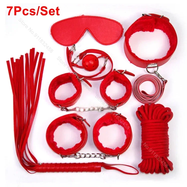 Sexy Leather BDSM Kits Handcuffs Nipple Clamps Whip Spanking Plush Sex Bondage Set Handcuffs Sex Games Sex Toys for Women Men