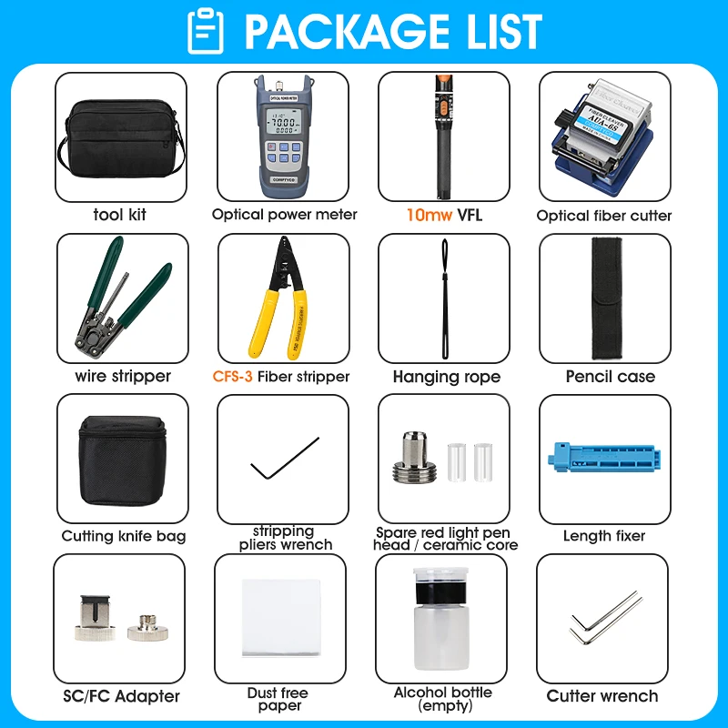 FTTH Fiber Optic Tool Kit with Fiber Cleaver -70~+10dBm Optical Power Meter Visual Fault Locator 10mw