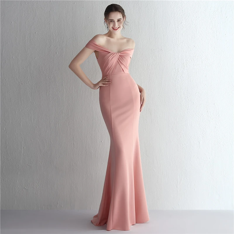 

DongCMY Luxury Satin Cloth New Slim-fit One-line Shoulder Long Dinner Slimming Fishtail Pink Dress Wedding Evening Dress