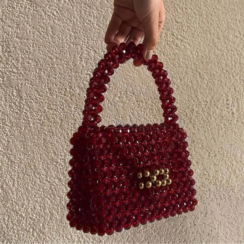 Summer New Red Beading Party Evening Purse Handmade Acrylic Beaded Box Bags Luxury Handbags Casual Versatile Female Tote Bag