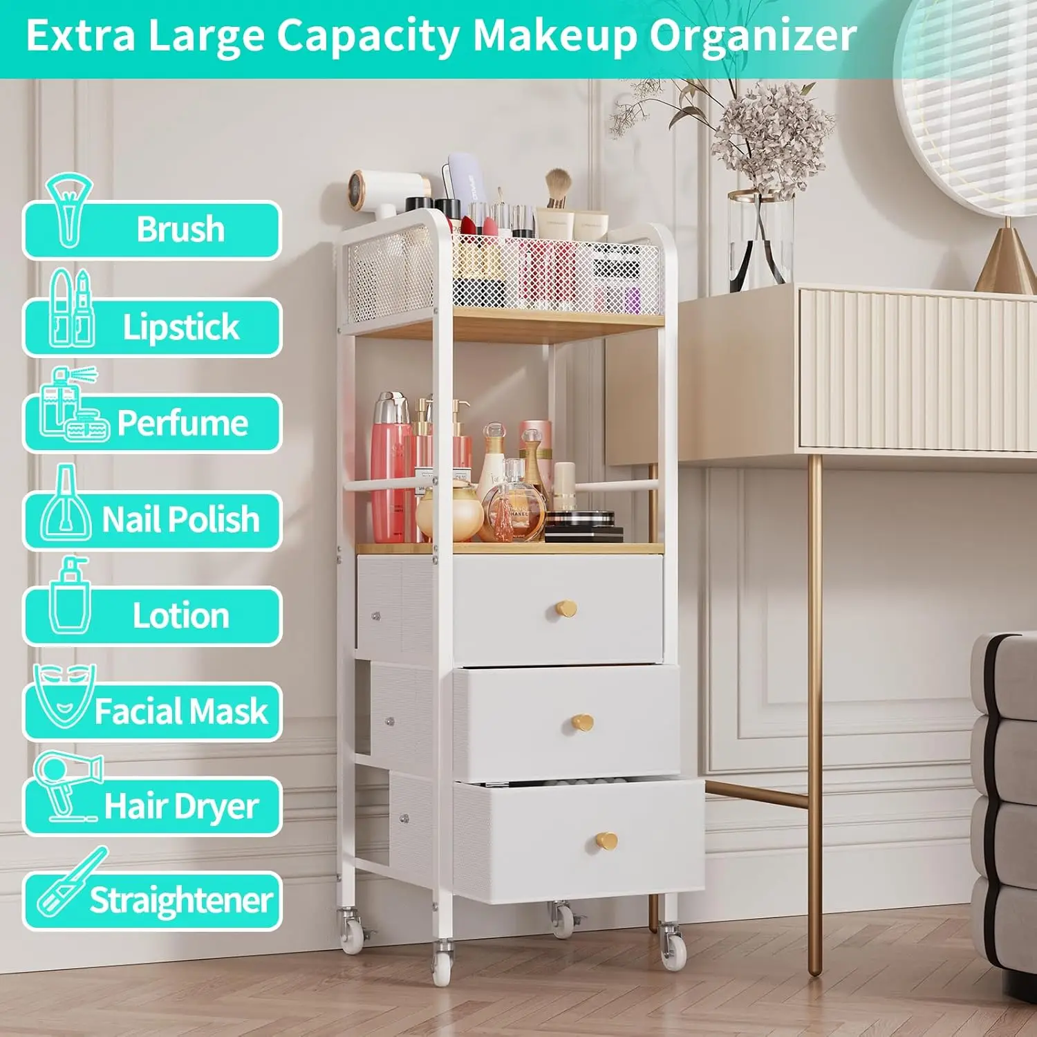 Rolling Makeup Cart Organizer - Floor Skincare Make Up Storage with 3 Drawers, Vanity Organizer Cosmetic Display Cases 4