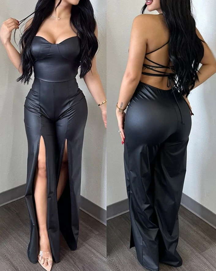 Sexy Party Club Jumpsuit 2024 Fashion Sexy Low Cut Tied Detail Backless Slit Pu Leather Jumpsuit Sleeveless Long Jumpsuit