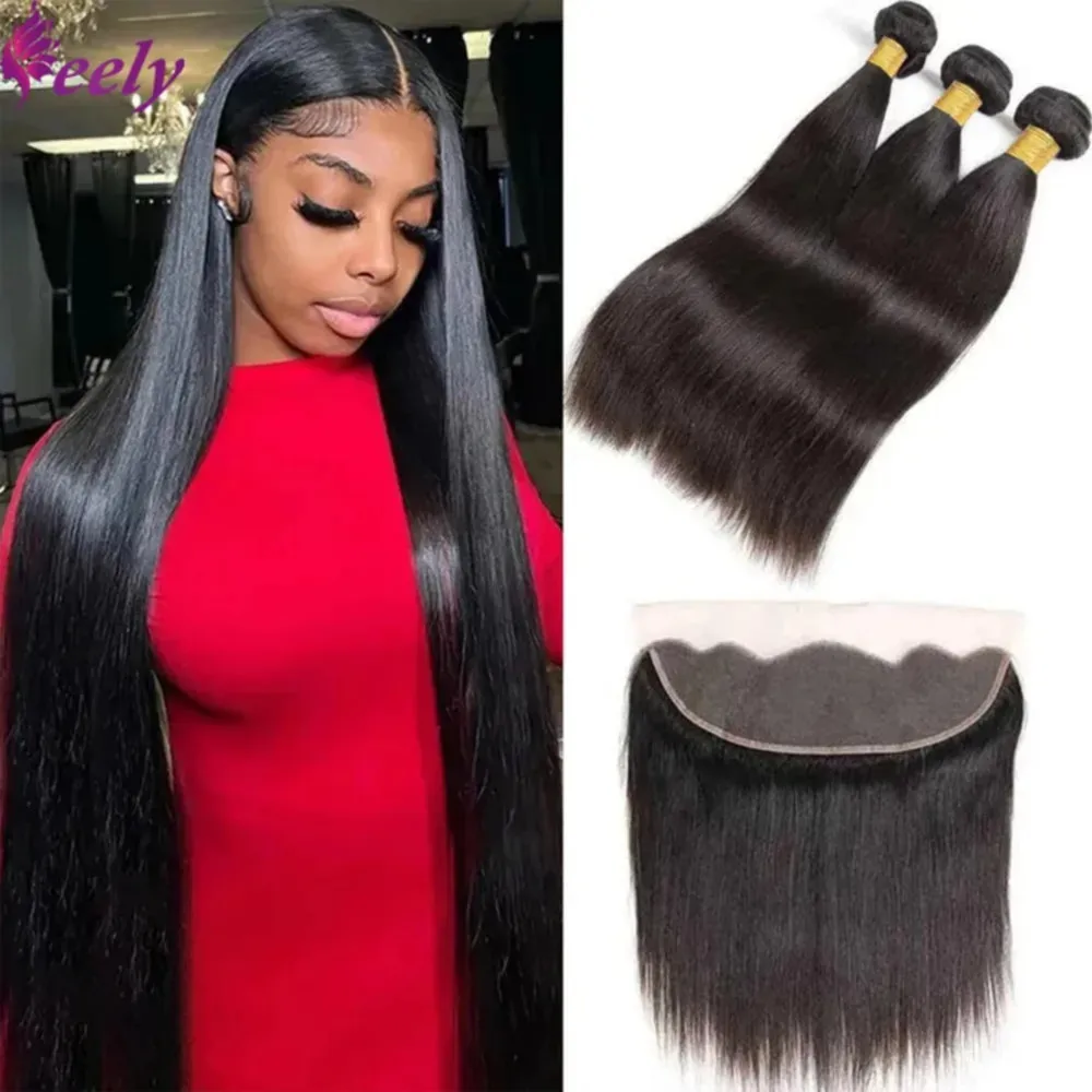 Human hair bundles Straight Hair Bundles With Closures Brazilian 13x4 Lace Frontal Straight Human Hair Bundles With Closure Weaving Extensions #1B