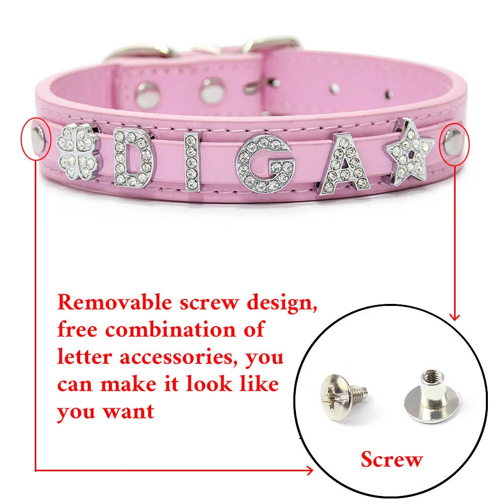 Dog Collar Plain PU Leather DIY Name ID Custom Letters Charms Puppy Cat Neck Strap 12 PCS For Small Medium Dog