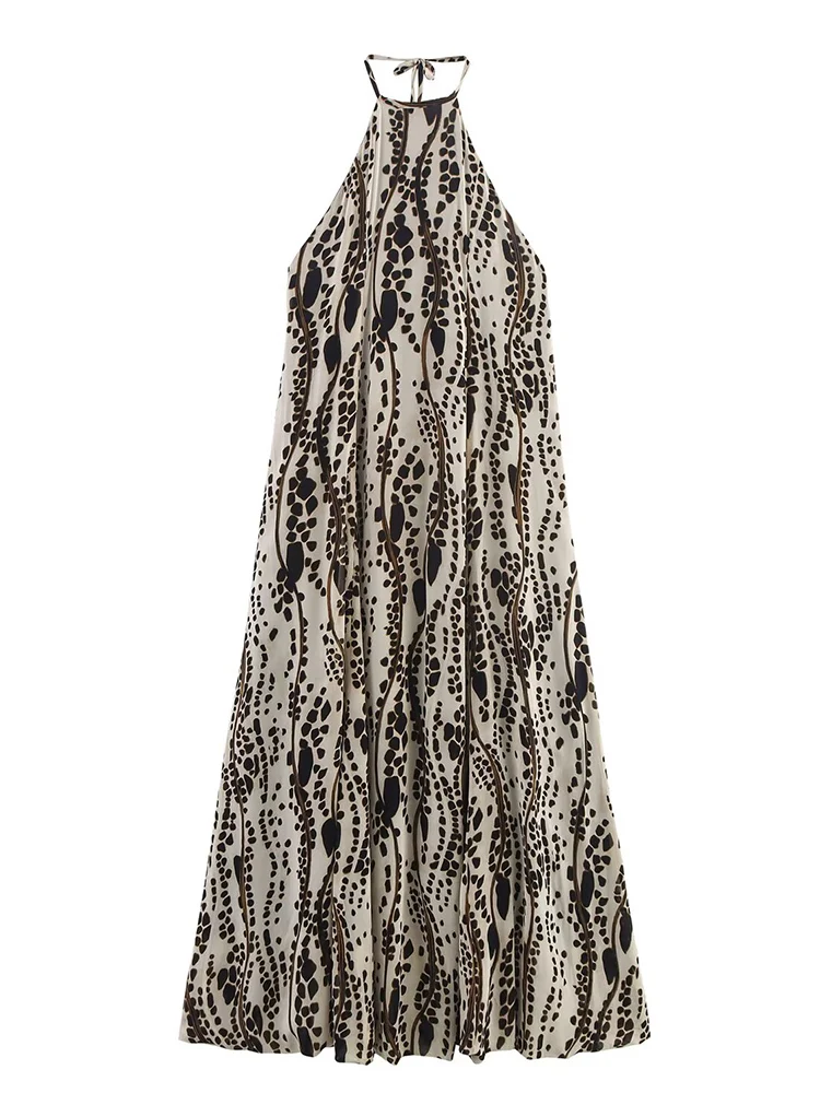 TFMLN 2025 Summer Women Vintage Print Halter Dresses Casual Loose Sleeveless Temperament Vacation Long Dress Fashion Backless