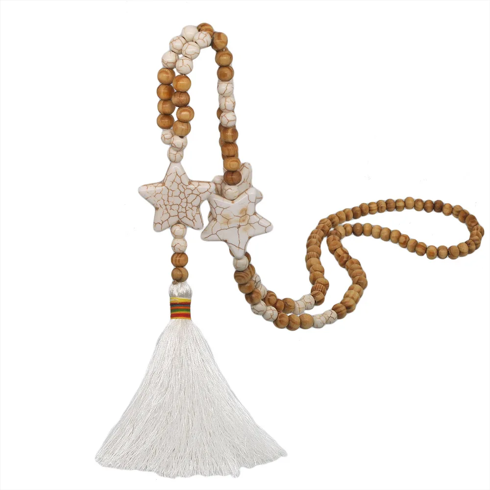 Autumn Winter Style White Tassel Wooden Bead Five-pointed Star Hanged Long Necklace Women's Handmade Beaded Sweater Chain