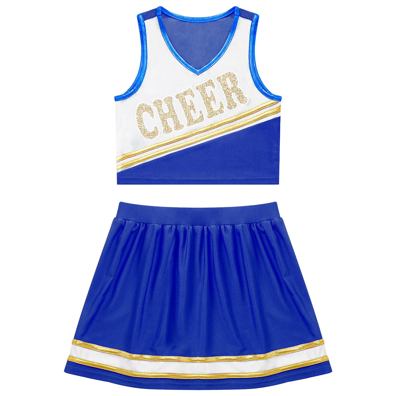 Kids Girls Cheerleading Uniform Cheer Dance Clothing Sleeveless V Neckline Letter Print Crop Top with Elastic Waistband Skirt