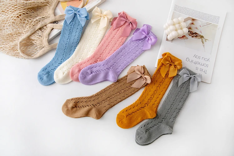 New Summer Bow Baby Girls Socks Toddler Long Sock Infant Knee High Cotton Mesh Spanish Style Breathable Socks For 0-8years
