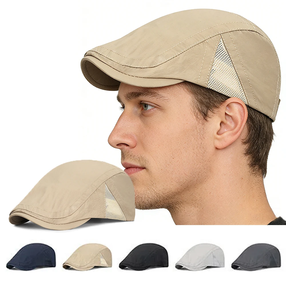 Summer Quick-Drying Thin Beret Men Women Sun Shade Newsboy Cap Breathable Mesh Peak Caps Adjustable Sun Shade Beret Hats