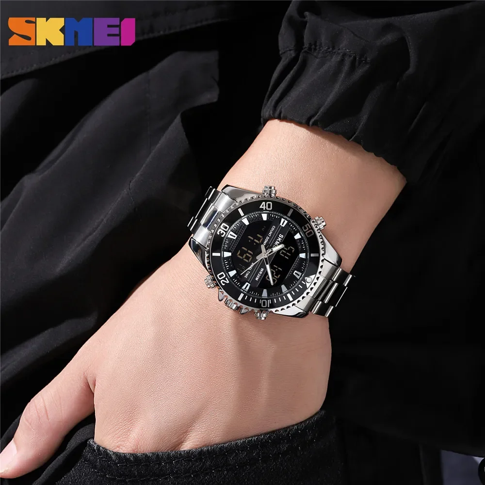 SKMEI 1850  Alarm Men Clock Waterproof Stainless Steel Relogio Masculino Dual Display Watches Mens Fashion Digital Wristwatches 4