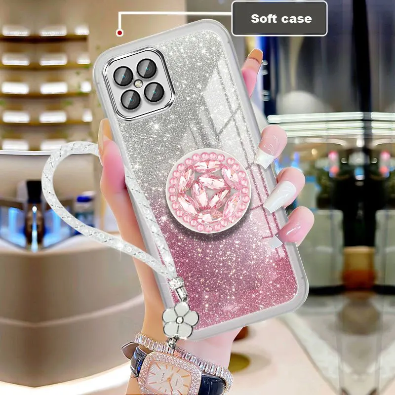 2022 Bling Glitter Lanyard Diamond Holder For Honor x8 4G 90 Lite Pro Phone Case X 8 Silicone Cover with Rope_voghion.com