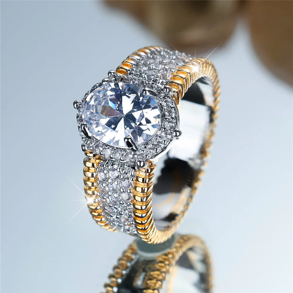 Cute Female White Zircon Stone Oval Engagement Rings For Women Silver Gold Color Wedding Bands Jewelry Party Gifts