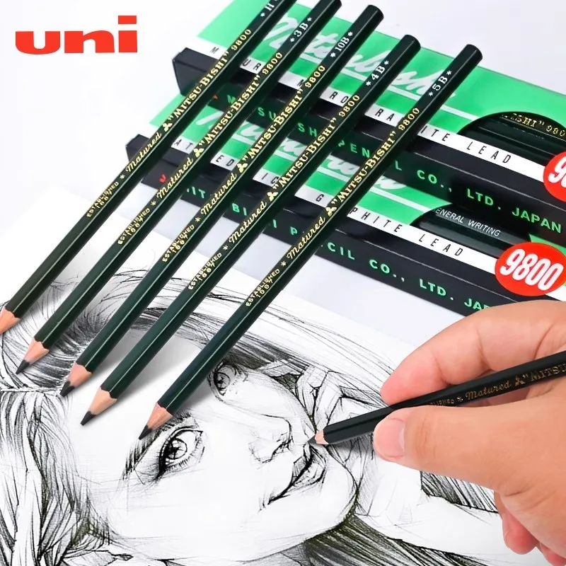 Japanese Stationery 12pcs Uni Sketch Pencil 9800 HB/14B/12B/2B/10B Professional Art Student Special Drawing Soft Carbon Stylo 5