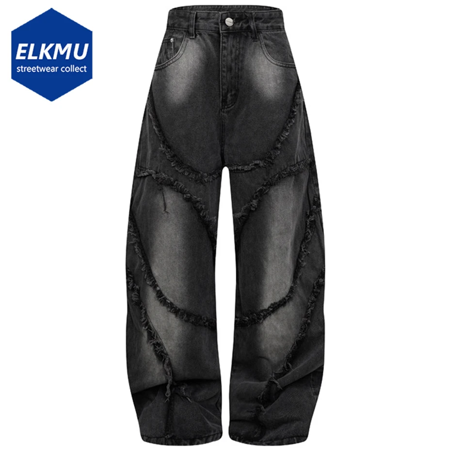 Tassel Patchwork Vintage Baggy Jeans Men Streetwear Harajuku Hip Hop Jeans Wide Leg Loose Denim Pants 1