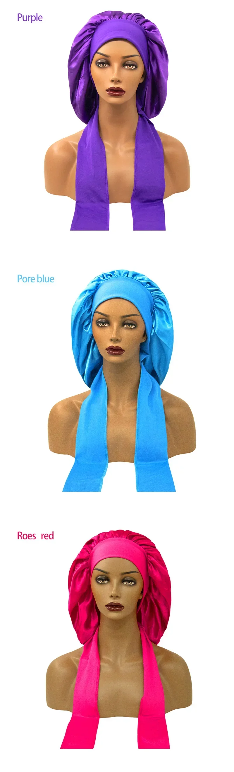 Women Satin Widened Sleep Hat Night Sleep Cap with Long Streamer Hair Care Bonnet Nightcap Elastic Cap De Nuit Shower Turban 4