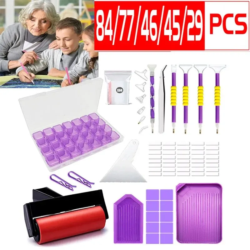 84Pcs DIY Diamond Art Painting Kit Tools and Accessories 5D Multiple Sizes Tweezers Glue Correction 28 Girds Storage Box