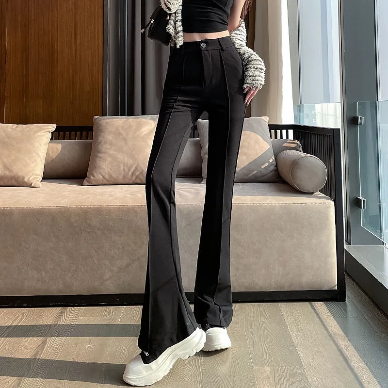2023 Spring Summer New Draping Bell-bottom Minimal Commuting Pants Women Thin Slim High Waist Suit Slight Drags Floor Trousers