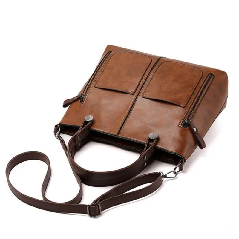 Retro leather handbag with two zipper pockets, versatile tote and crossbody style, classic women’s work and business bag. 4578