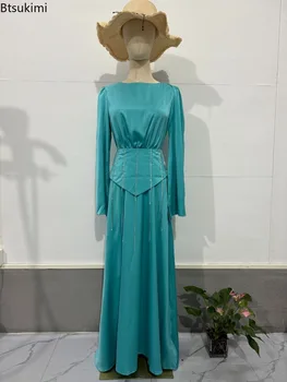 Eleganti Abiti da Donna Primavera 2026, Nuovi Vestiti Lunghi Aderenti con Maniche a Campana e Frange, Abito in Raso Tinta Unita con Collo Tondo Sexy per Feste